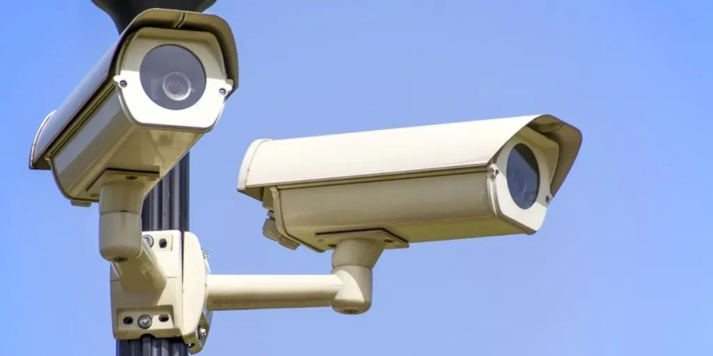 Two security cameras mounted on a pole