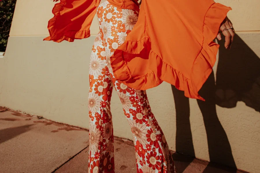 White and orange floral print flared bottoms