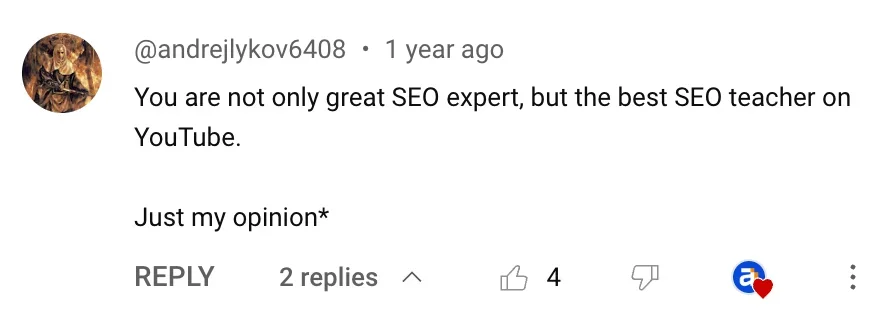 YouTube comment praising Sam Oh
