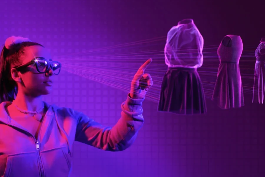A lady interacting with digital outfits