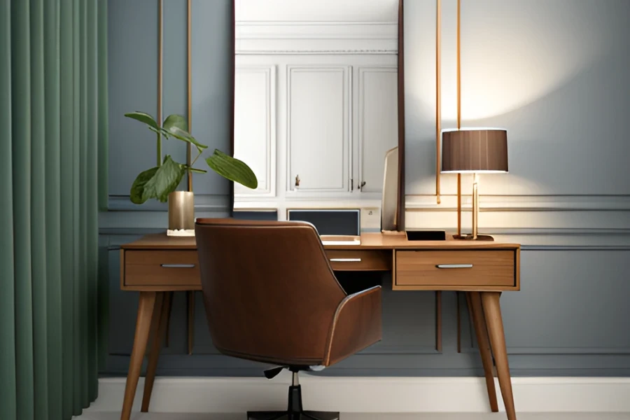 a desk with a mirror