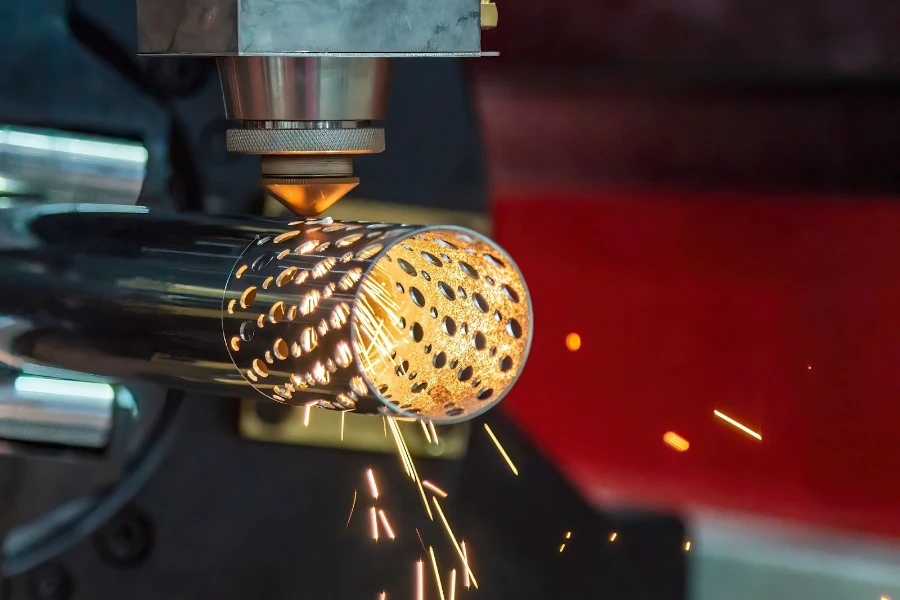 A fiber laser cutting machine cuts a stainless steel tube