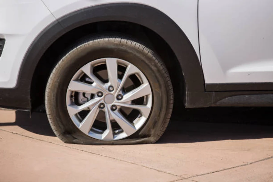 A straight-on view of a flat tire