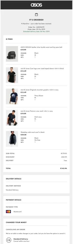 exemplo de e-mail de agradecimento de confirmação de pedido asos