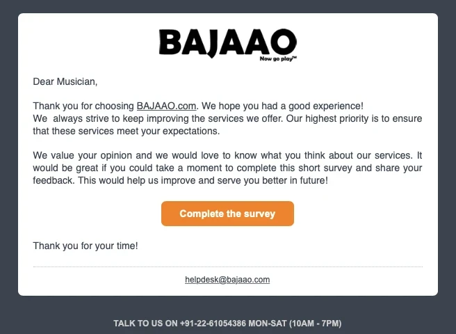 Bajaao e-mail de agradecimento solicitando uma avaliação