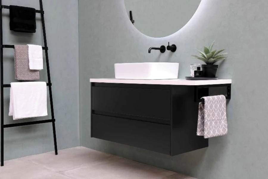 Black floating vanity with white vessel sink