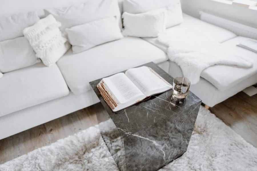 Black marble cube end table with white veins