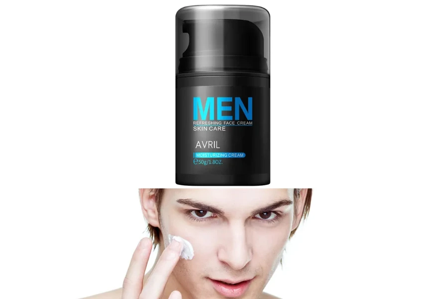 Bottle of moisturizing cream above a man with cream on his face