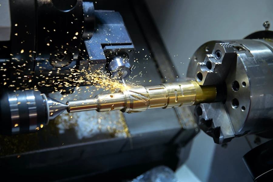 cnc turning machine high-speed cutting flying sparks of metalworking