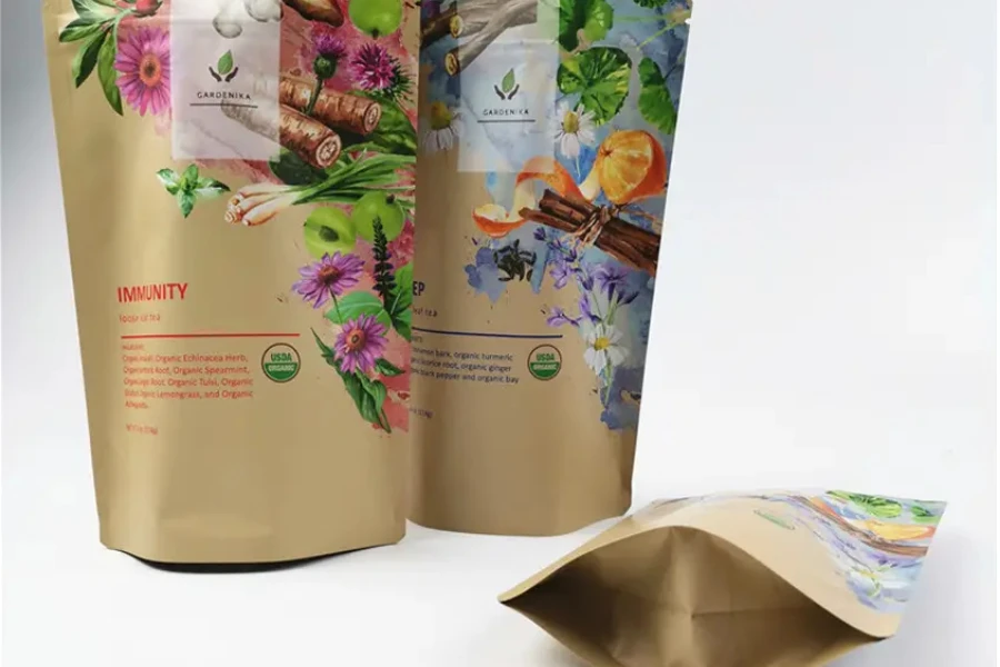 Compostable stand-up pouches with flowery designs