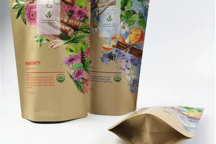 Stand-up pouches compostáveis ​​com desenhos floridos