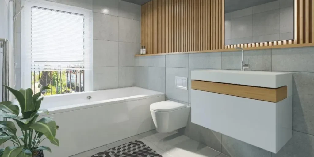 Baño contemporáneo estilo spa con detalles en madera