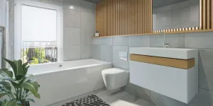 Contemporary spa-like bathroom with wood accents