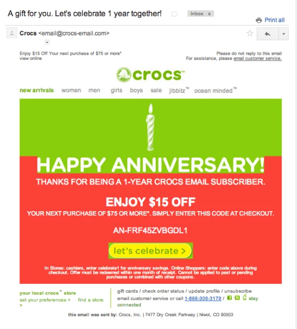 crocs email happy anniversary and thank you