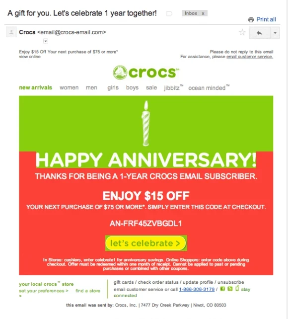 crocs email feliz aniversário e obrigado