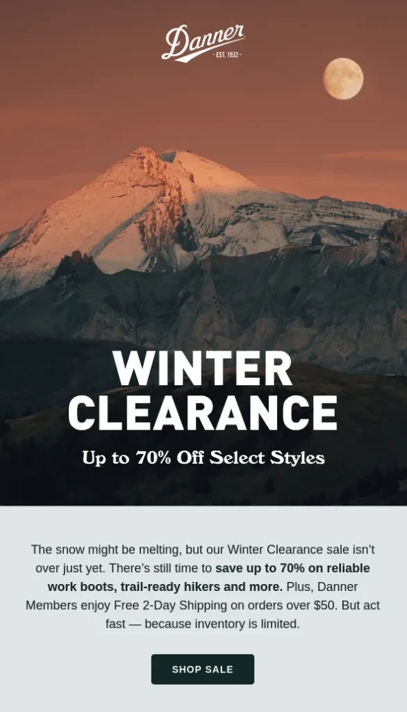 E-mail de liquidação de inverno da Danner