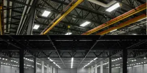 Different high bay lights on warehouse ceilings
