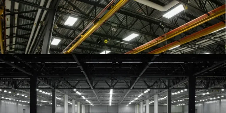 Different high bay lights on warehouse ceilings