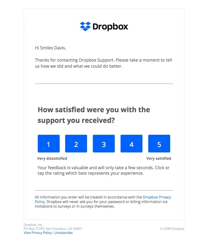 Dropbox e-mails de remerciement