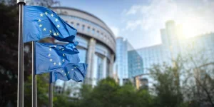 european union flag against parliament in brussels