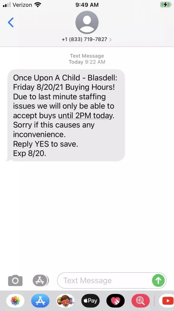 example of sms notification by once upon a child