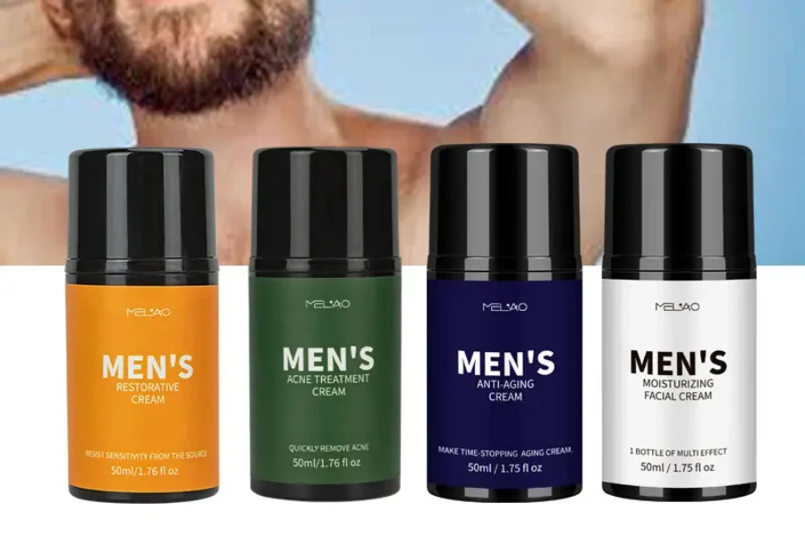 Four product bottles of moisturizing balm in front of a close-up of a man’s face