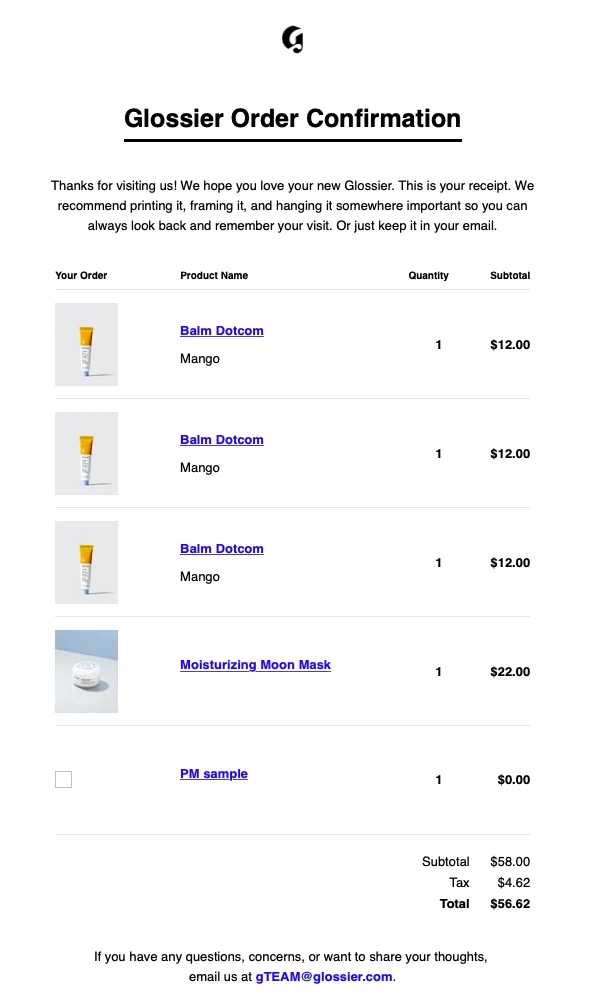 glossier example of order confirmation and thank you email