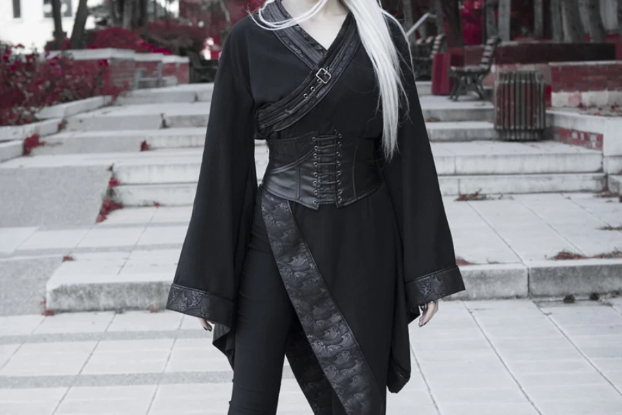 Lady dressed up in a gothic kimono and black corset