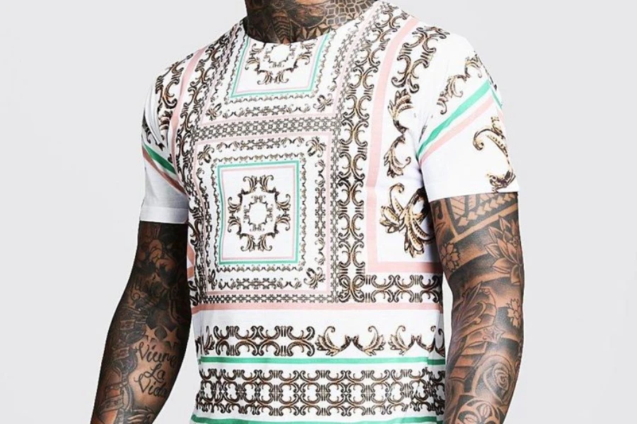 Man posing in a beautiful baroque shirt