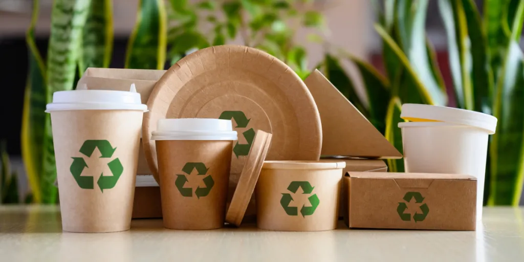 paper eco-friendly disposable tableware with recycling signs on the background of green plants