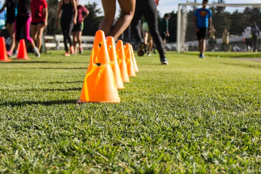 soccer cones laid out on a soccer pitch during training