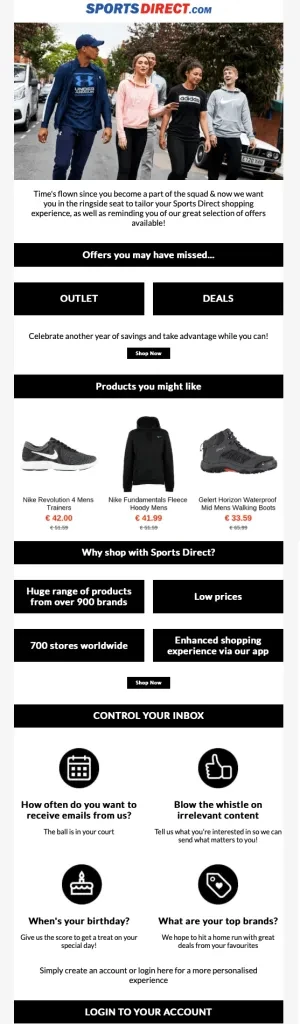 sportsdirect e-mail de agradecimento