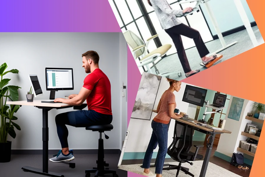 three people using sit-and-stand desk