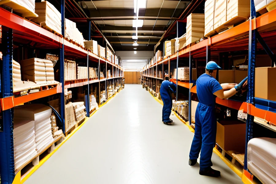 Two employees in a warehouse lit by high bay lights