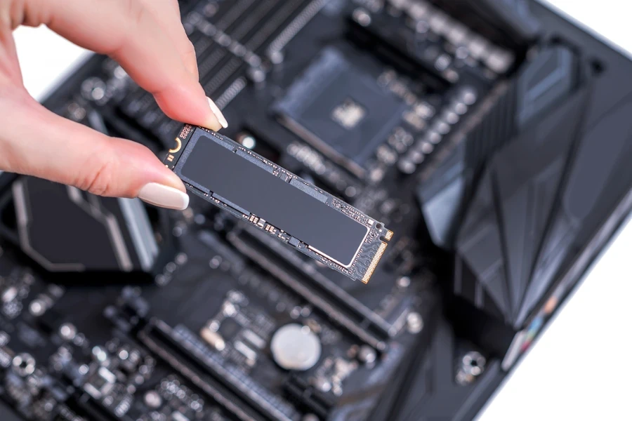 up close of an ssd on a motherboard background