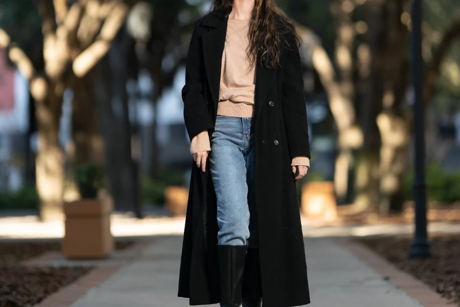 Woman in a long black coat and casual outfit