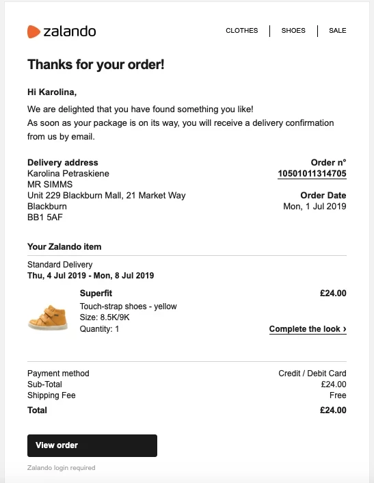 Zalando example of order confirmation email and thank you for ordering