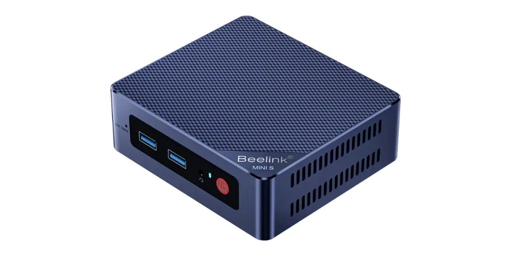 a blue mini pc with a red power button