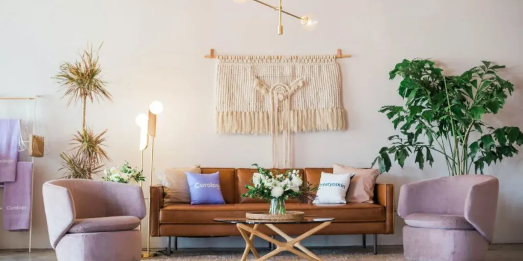 A bohemian room with macramé wall hanging and rug