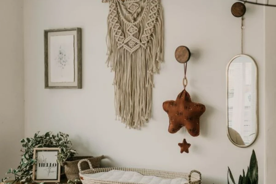 A boho-style room with macramé wall decoration