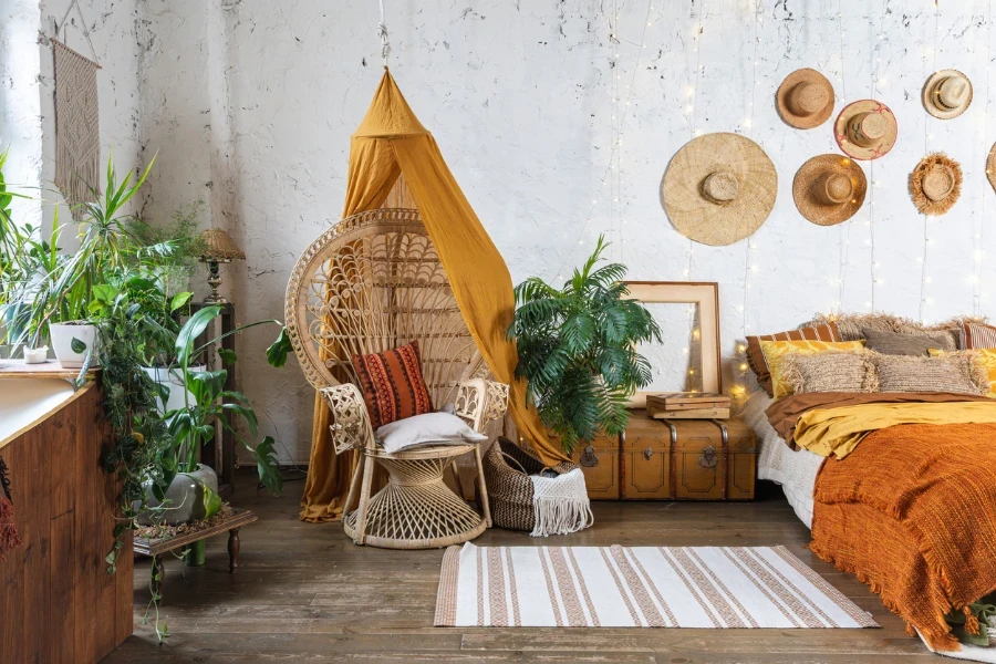 A cozy bohemian room with pillows, cushions, and a rug