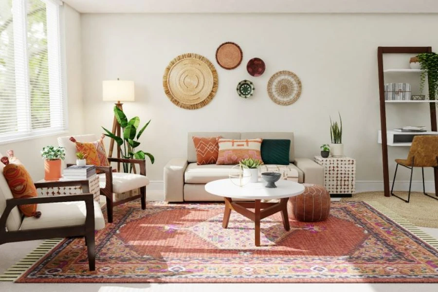 A living room with bohemian rugs