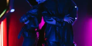 A man and woman rocking cyberpunk outfits