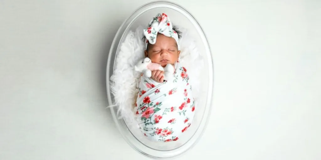 A newborn baby wrapped in a floral-printed swaddle