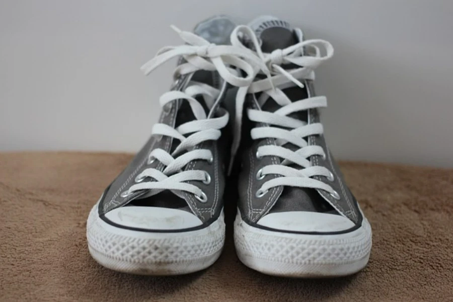 A pair of gray and white canvas shoes