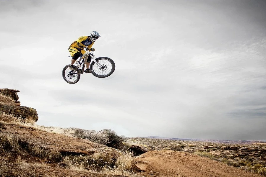 Eine Person springt mit dem Mountainbike von einem Hügel