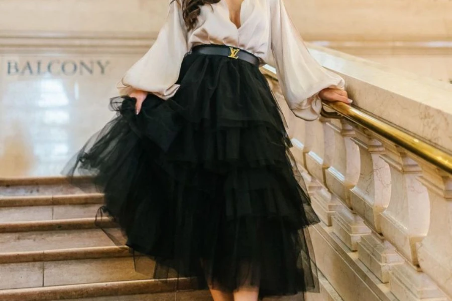A woman looking regal in a maxi tulle skirt