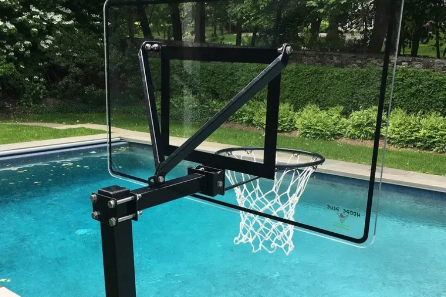 An adjustable poolside basketball hoop