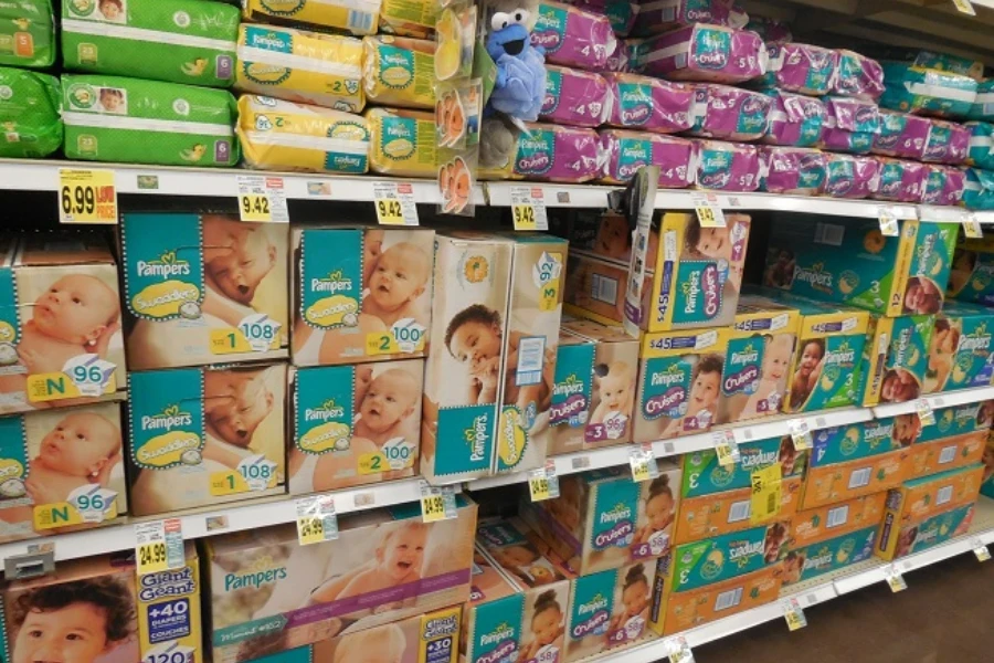 Baby diaper shelves in a store