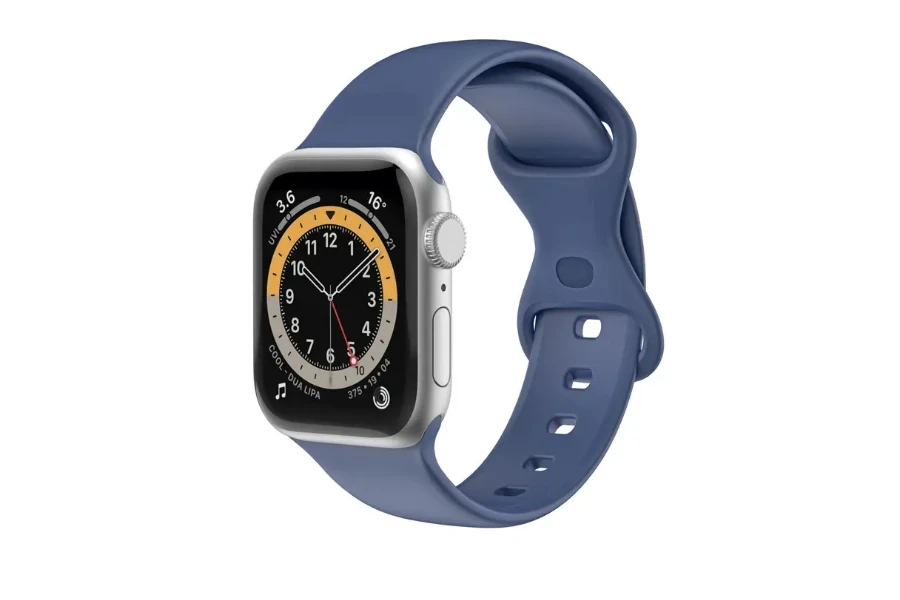 Blaues Apple Watch SE-Modell auf weißem Hintergrund